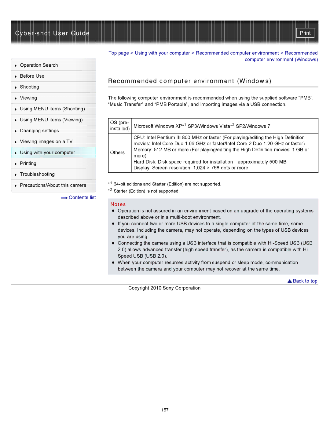 Sony DSC-W580, DSC-W570D manual Recommended computer environment Windows 