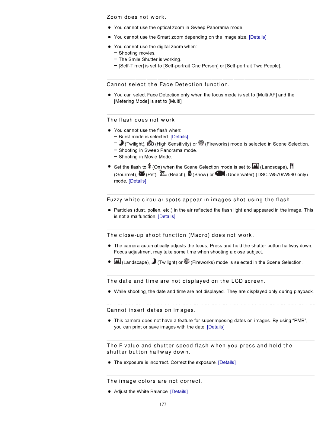 Sony DSC-W580, DSC-W570D manual Zoom does not work, Cannot select the Face Detection function, Flash does not work 