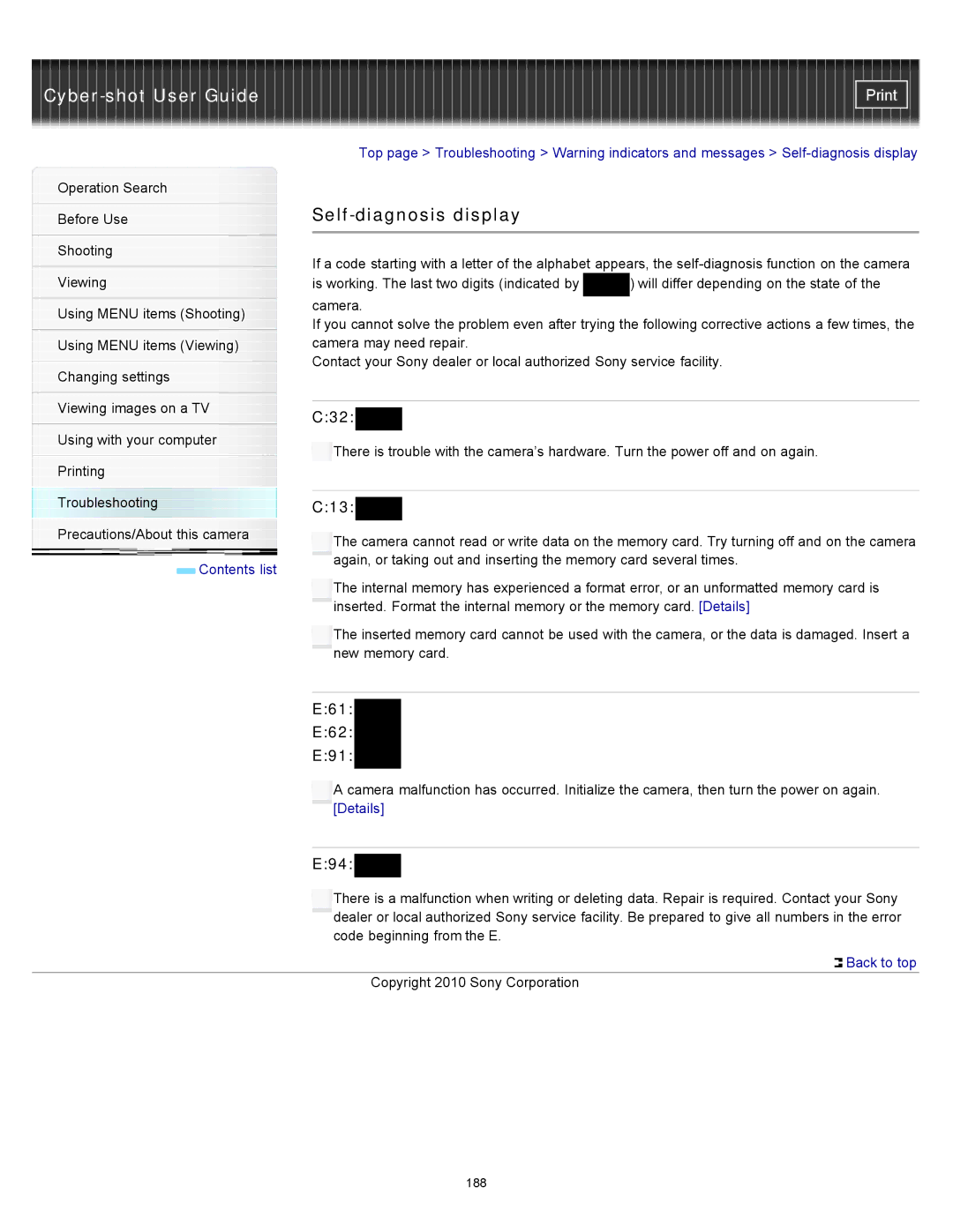 Sony DSC-W570D, DSC-W580 manual Self-diagnosis display, C32, C13, E61 E62 E91, E94 