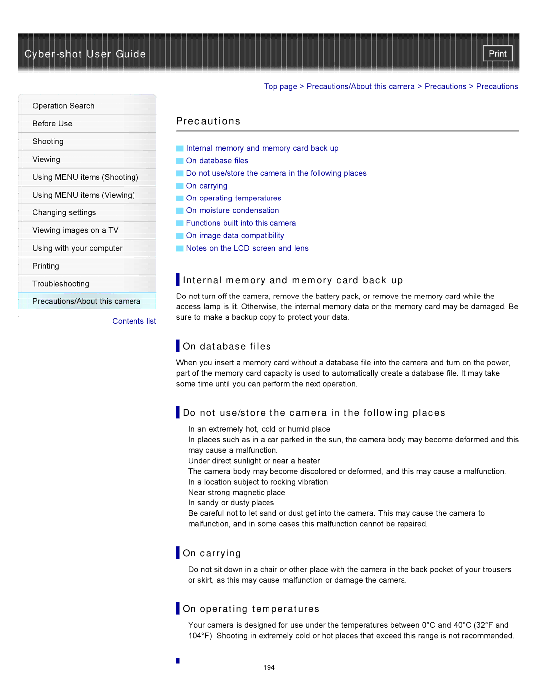 Sony DSC-W570D, DSC-W580 manual Precautions 