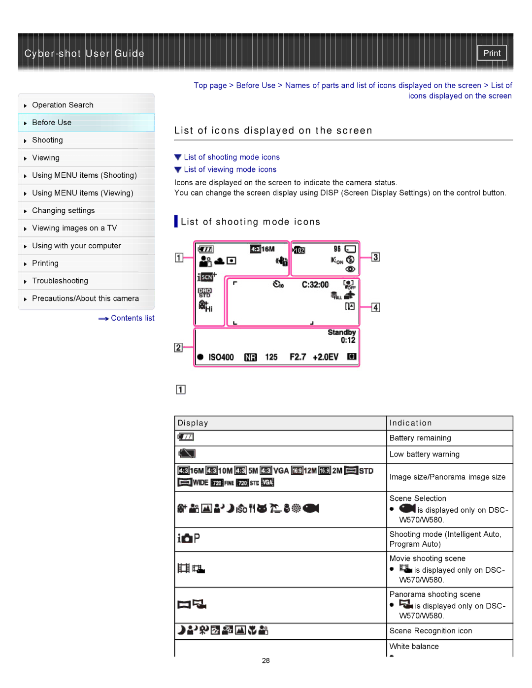 Sony DSC-W580, DSC-W570D manual List of icons displayed on the screen, List of shooting mode icons, Display Indication 