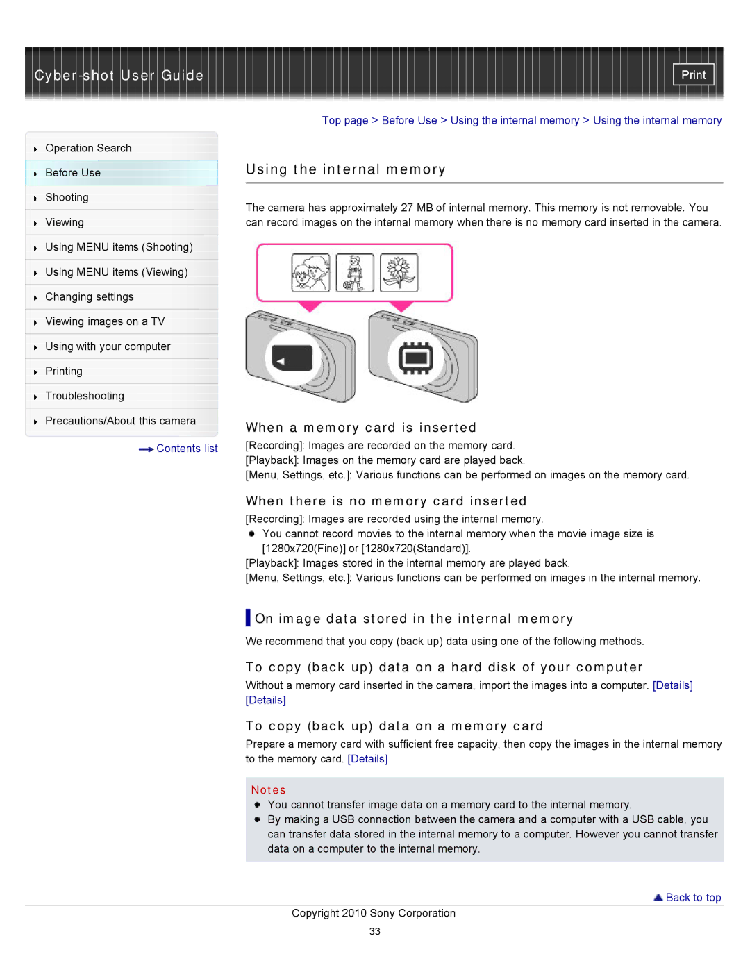 Sony DSC-W580, DSC-W570D manual Using the internal memory 