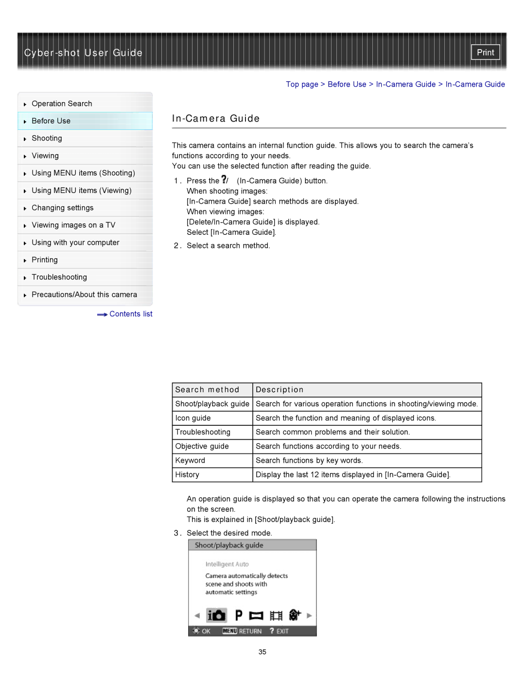 Sony DSC-W570D, DSC-W580 manual In-Camera Guide, Search method Description 