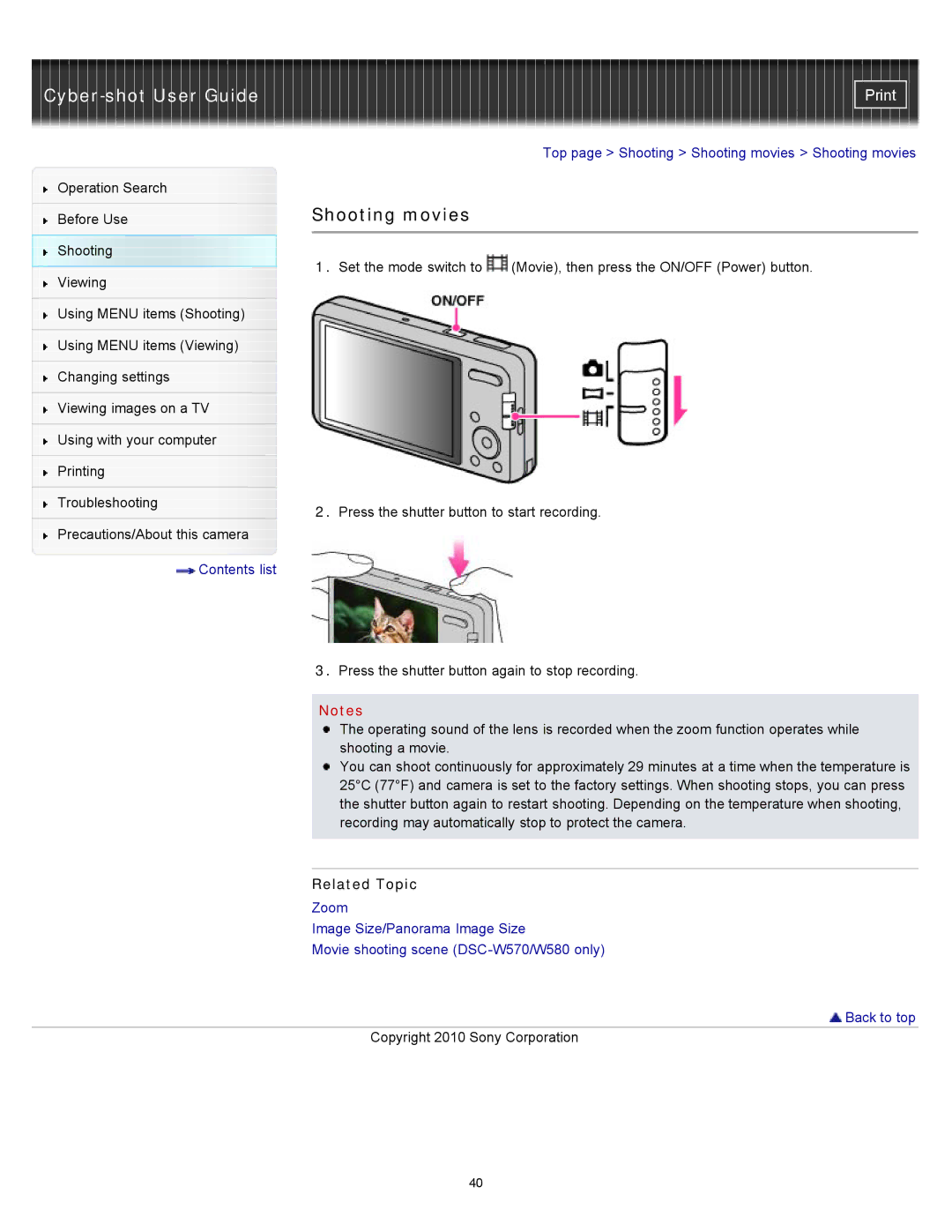 Sony DSC-W580, DSC-W570D manual Shooting movies 