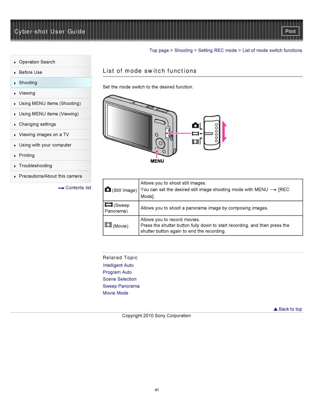 Sony DSC-W570D, DSC-W580 manual List of mode switch functions 