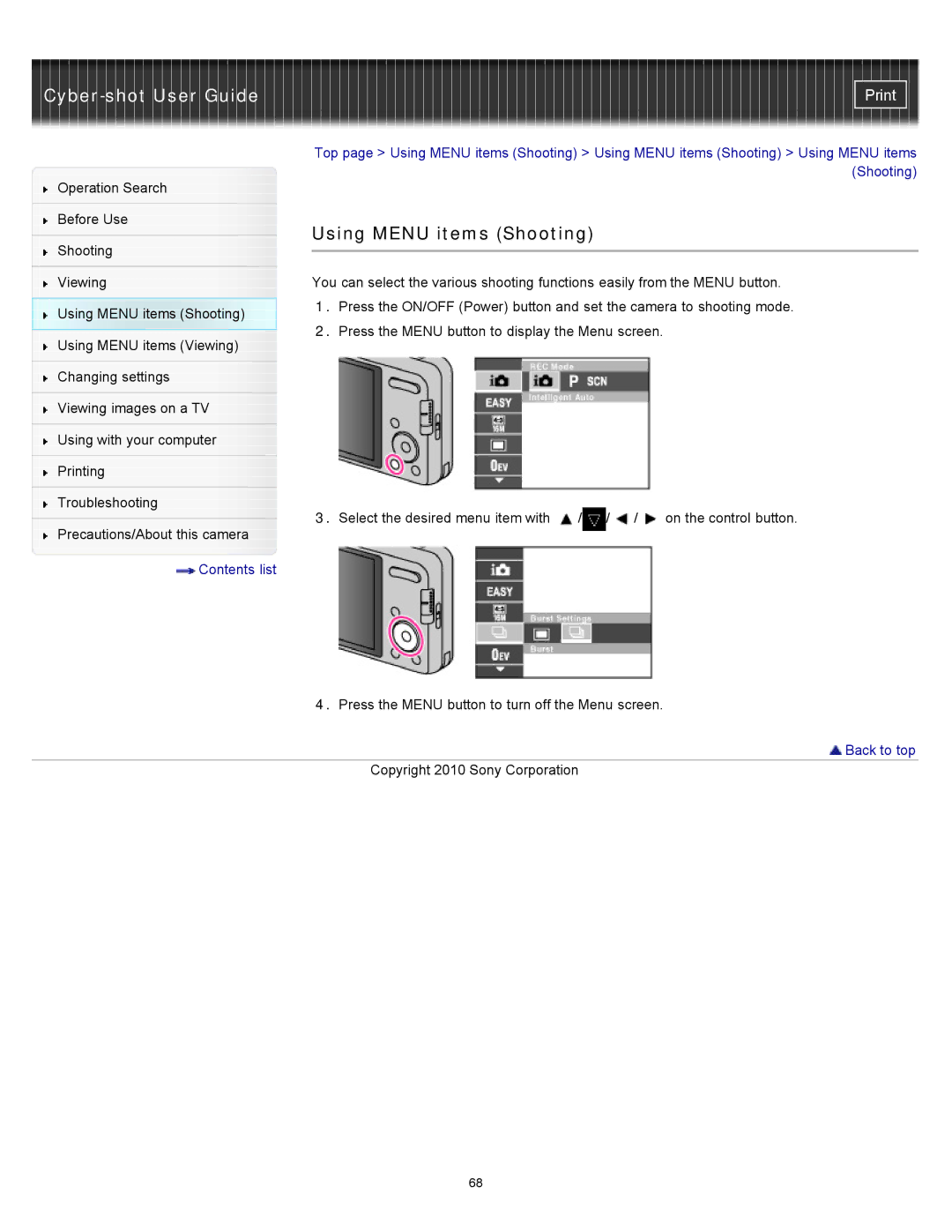 Sony DSC-W570D, DSC-W580 manual Using Menu items Shooting 