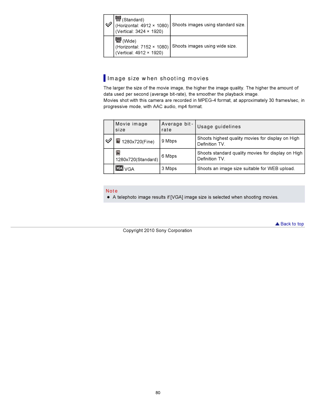 Sony DSC-W570D, DSC-W580 manual Image size when shooting movies, Movie image Average bit Usage guidelines Size Rate 