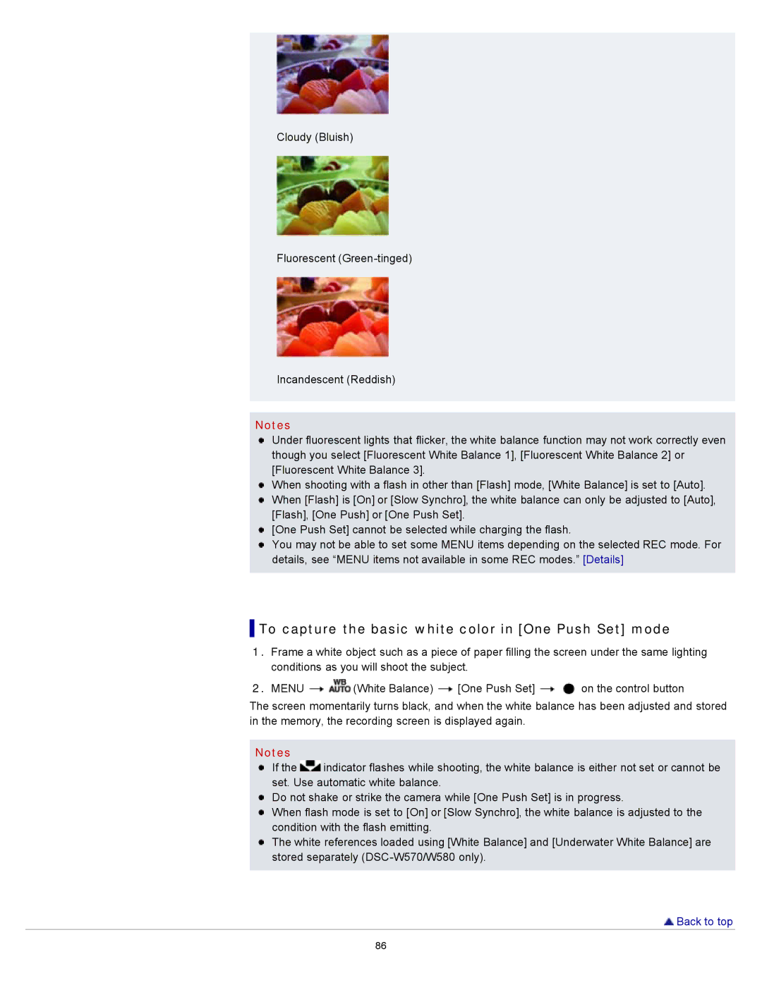Sony DSC-W570D, DSC-W580 manual To capture the basic white color in One Push Set mode 