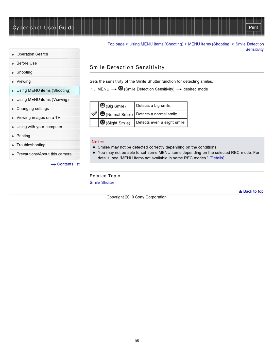 Sony DSC-W570D, DSC-W580 manual Smile Detection Sensitivity, Related Topic 