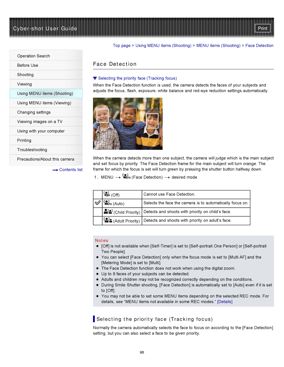 Sony DSC-W580, DSC-W570D manual Face Detection, Selecting the priority face Tracking focus 