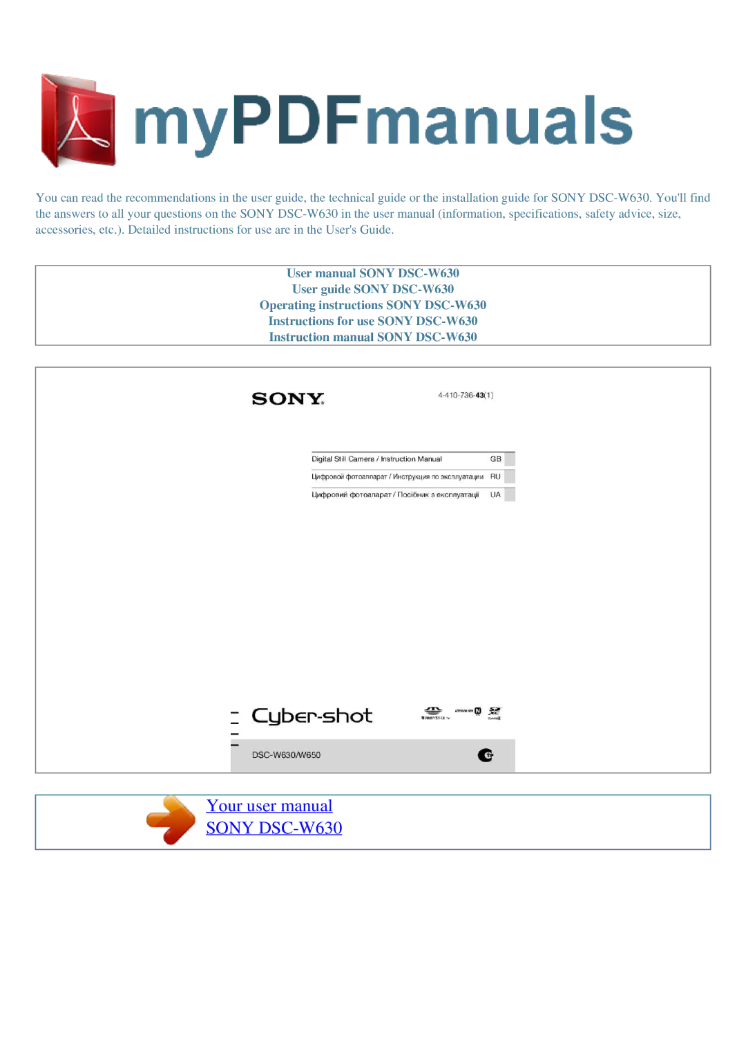 Sony user manual Sony DSC-W630 