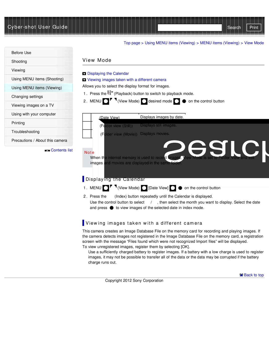 Sony DSC-W690/B manual View Mode, Displaying the Calendar, Viewing images taken with a different camera 