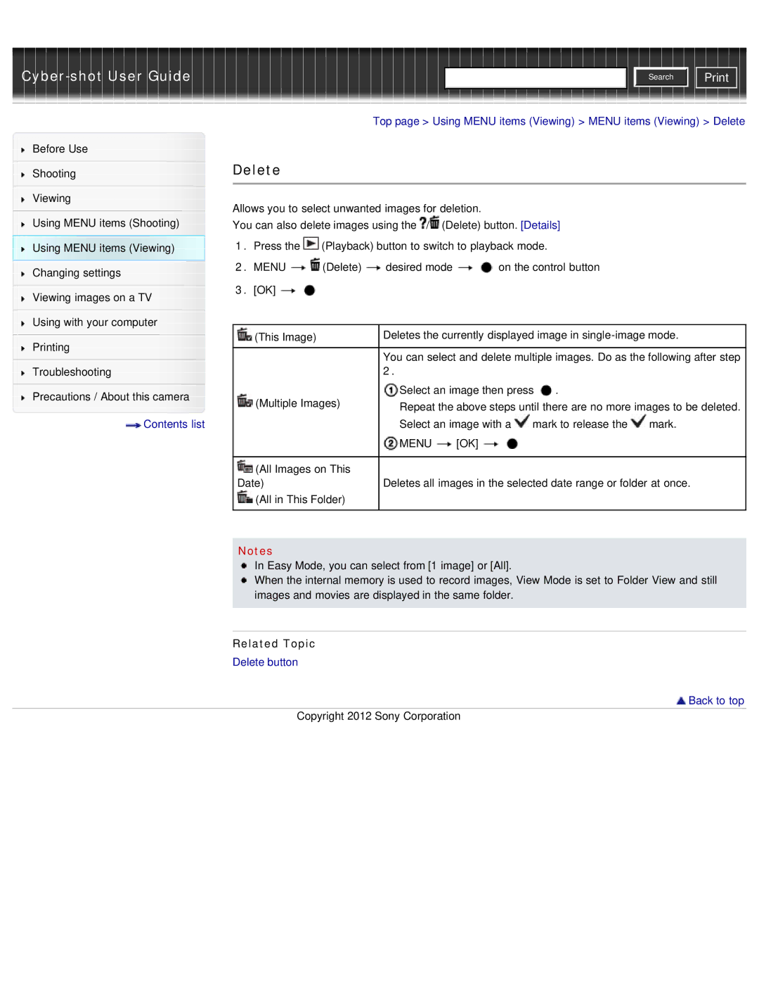 Sony DSC-W690/B manual Delete, Related Topic 