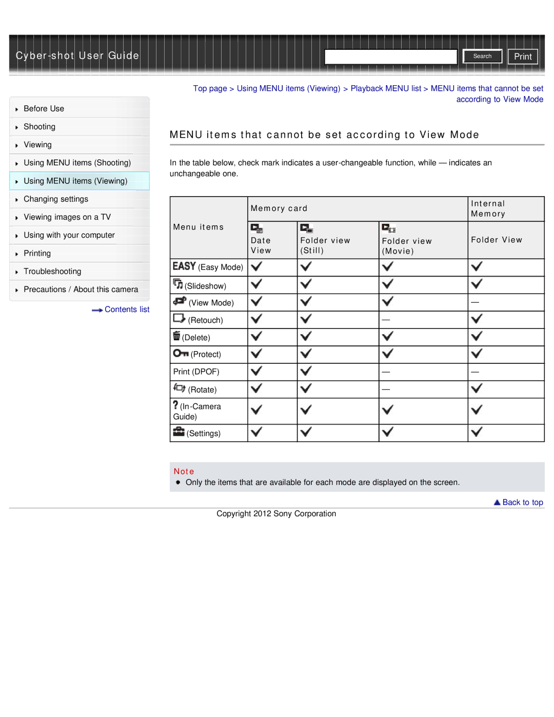 Sony DSC-W690 Menu items that cannot be set according to View Mode, Memory card Internal, Date Folder view Folder View 