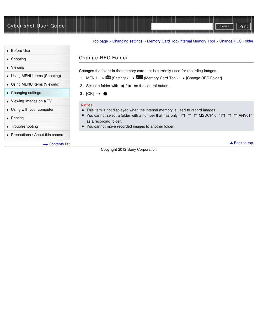 Sony DSC-W690/B manual Change REC.Folder 