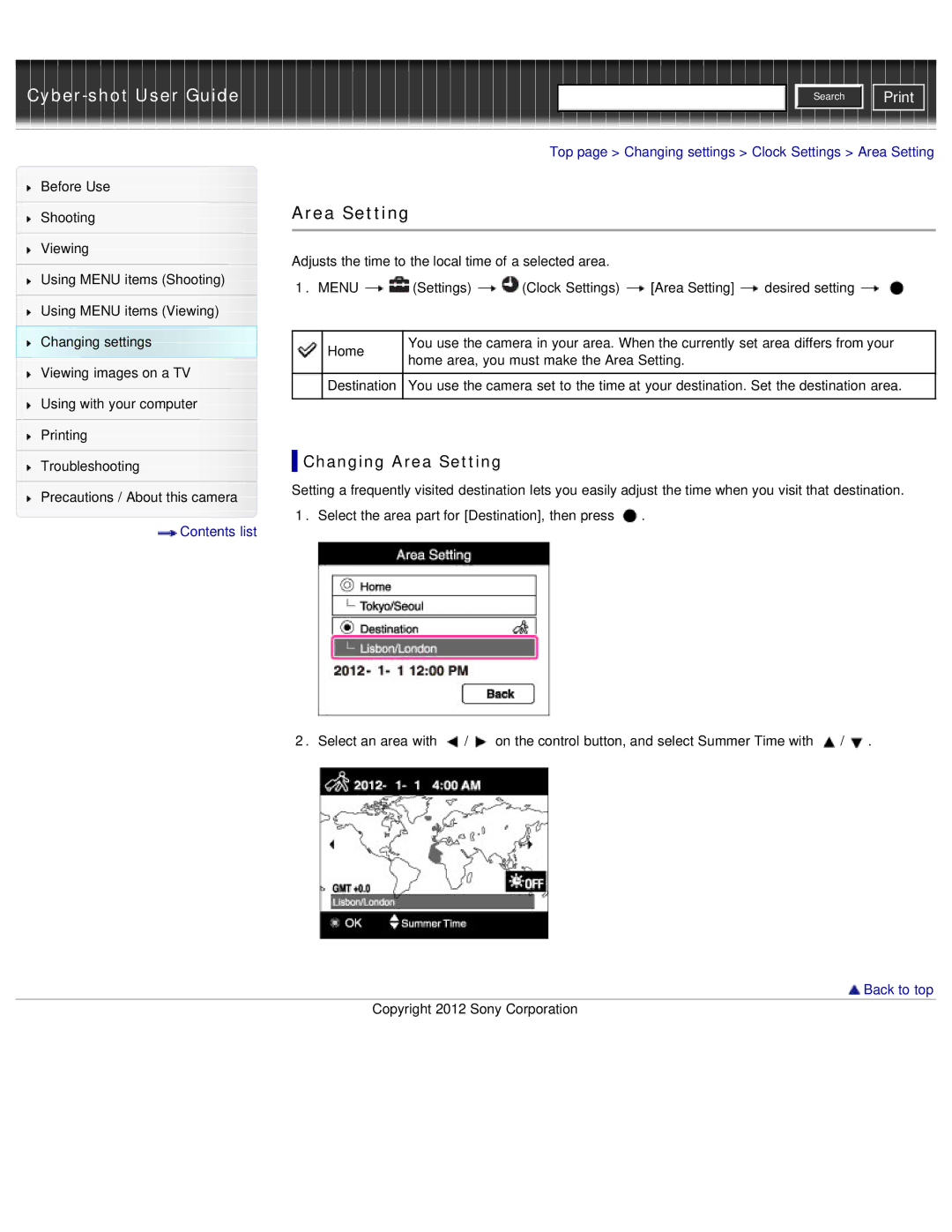 Sony DSC-W690/B manual Changing Area Setting 