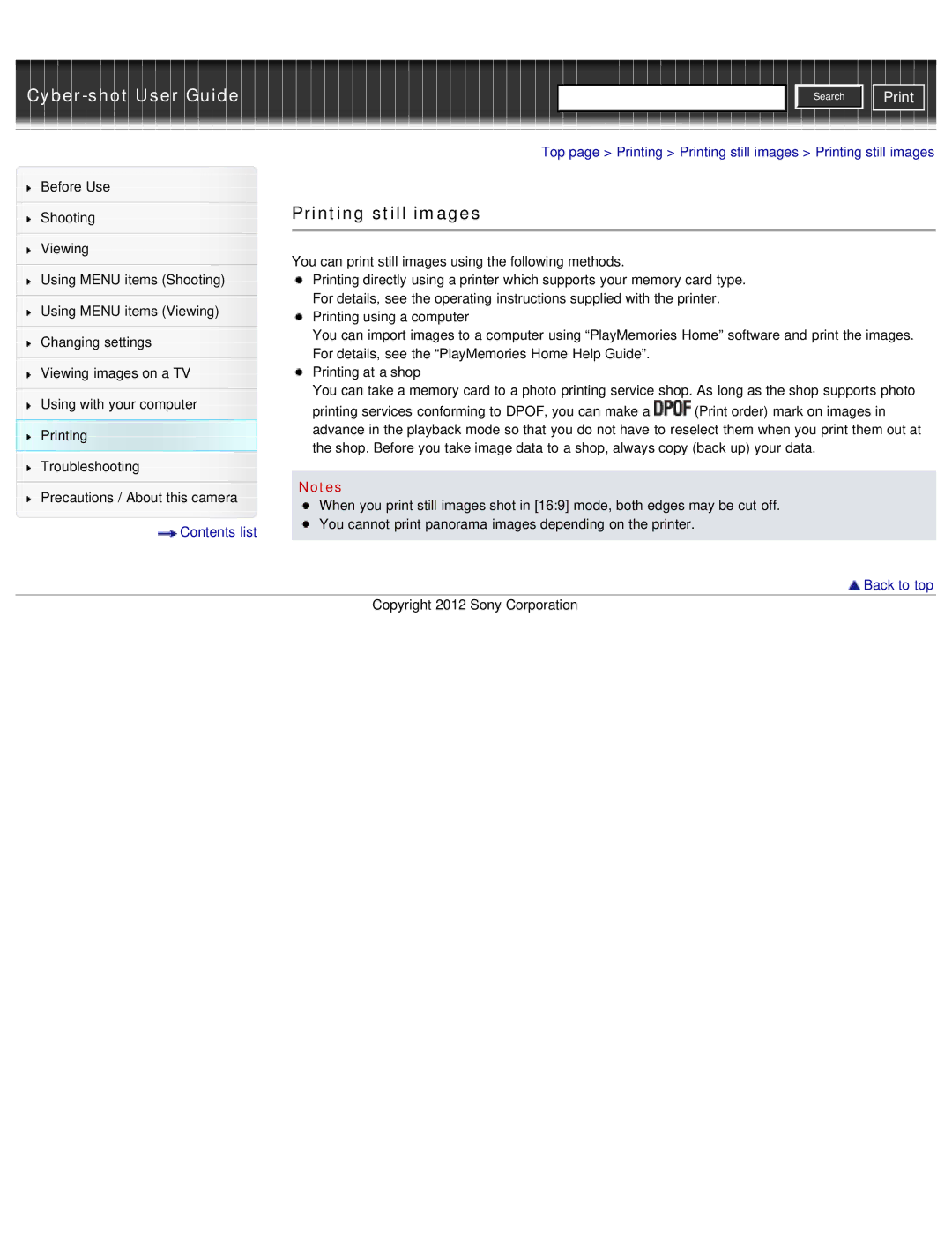 Sony DSC-W690/B manual Printing still images 