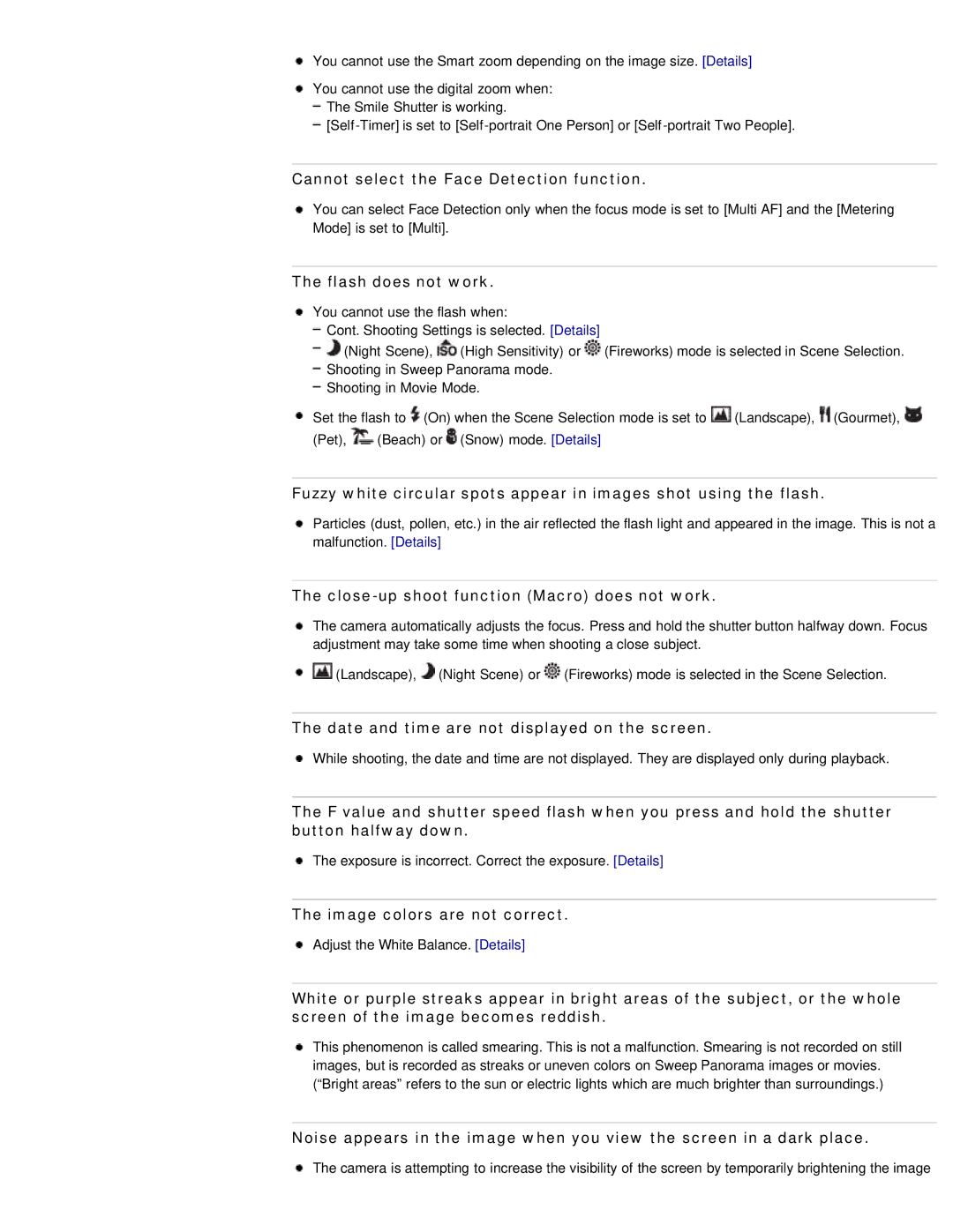 Sony DSC-W690/B manual Cannot select the Face Detection function, Flash does not work, Image colors are not correct 