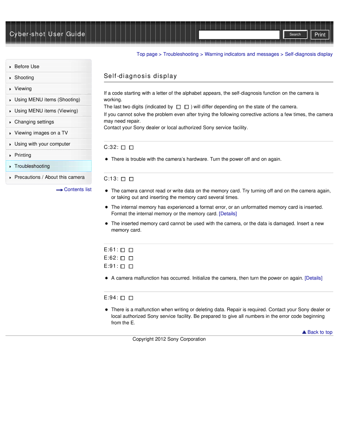 Sony DSC-W690/B manual Self-diagnosis display, C32, C13, E61 E62 E91, E94 
