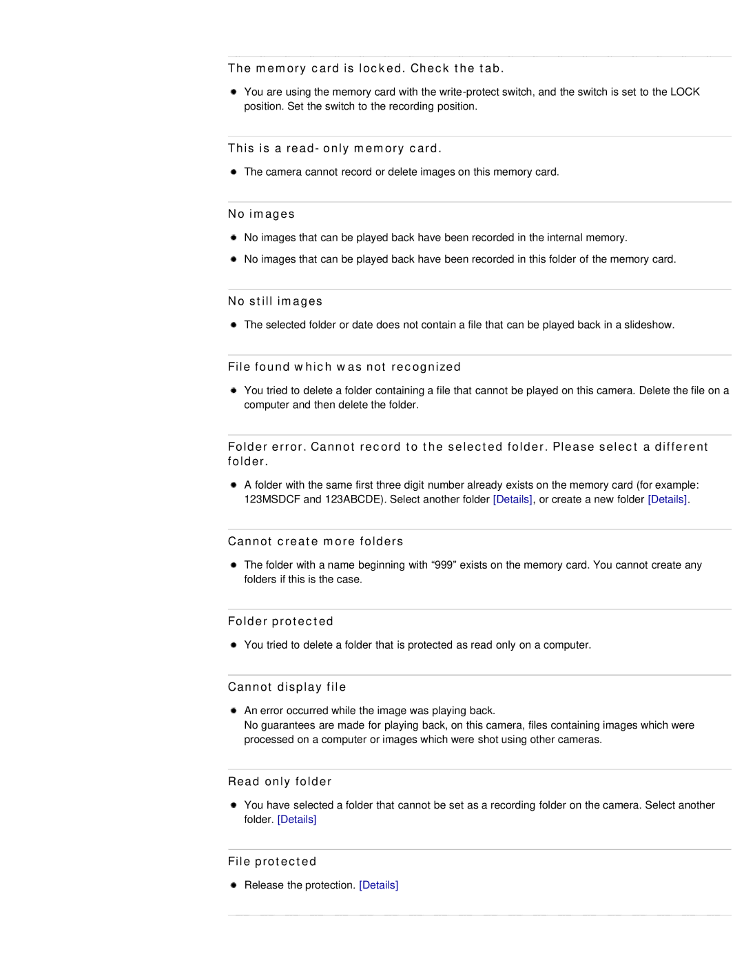 Sony DSC-W690/B manual Memory card is locked. Check the tab, This is a read- only memory card, No images, No still images 