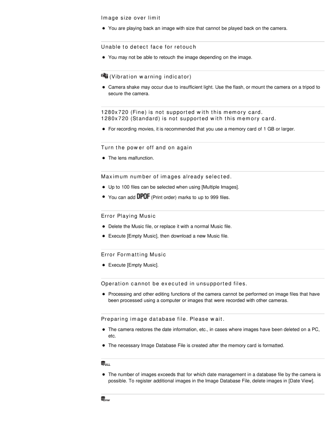 Sony DSC-W690 Image size over limit, Unable to detect face for retouch, Vibration warning indicator, Error Playing Music 