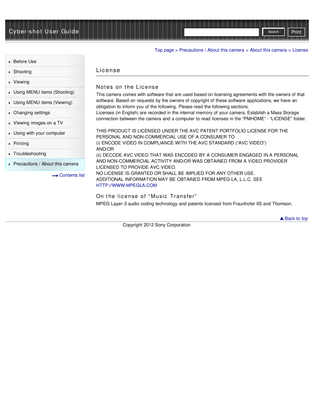 Sony DSC-W690/B manual License, On the license of Music Transfer 