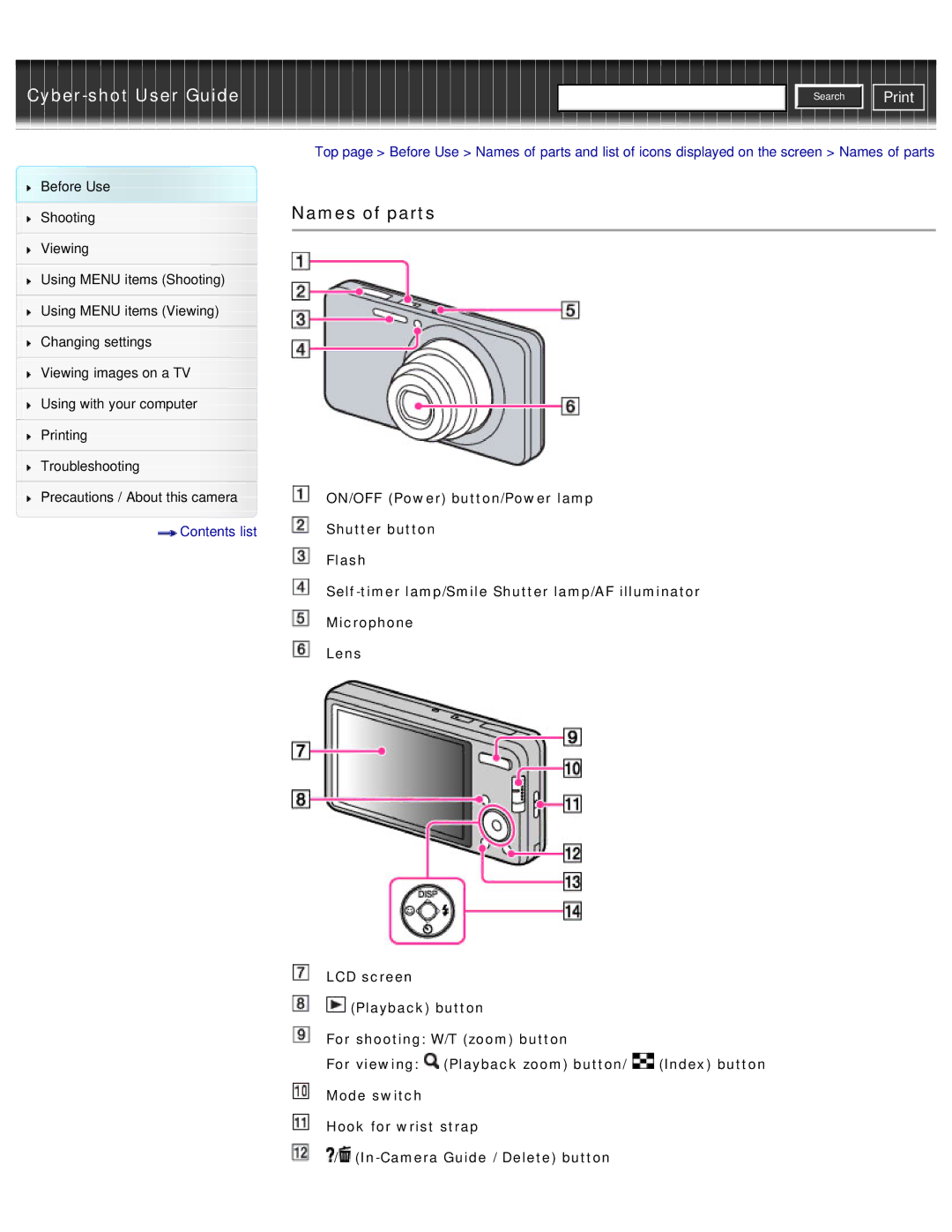 Sony DSC-W690/B manual Names of parts 