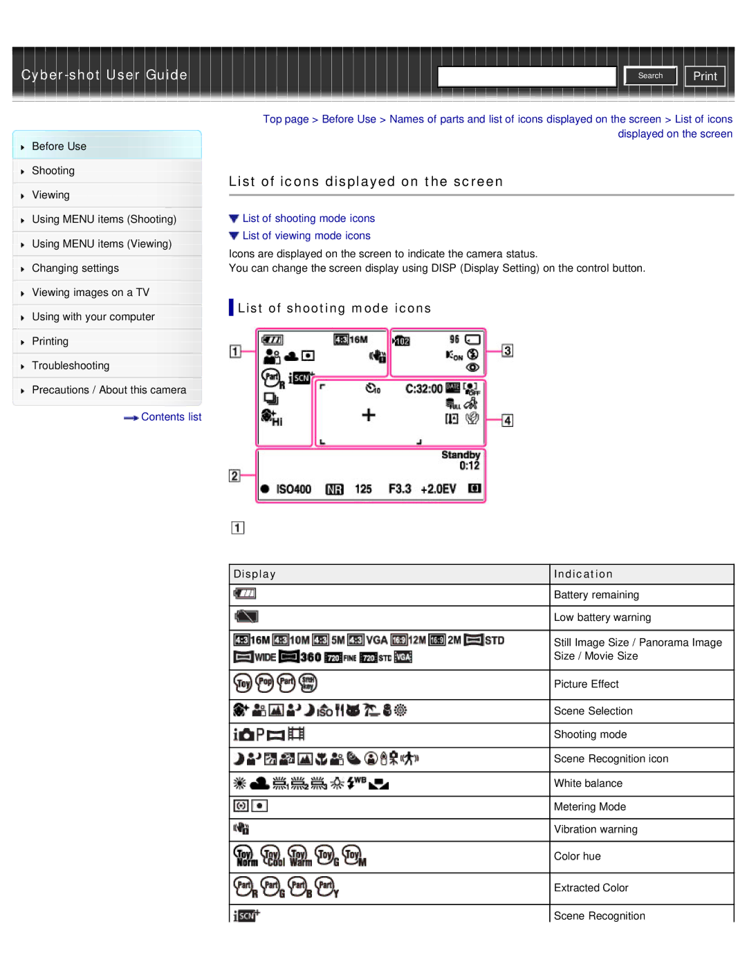 Sony DSC-W690/B manual List of icons displayed on the screen, List of shooting mode icons, Display Indication 