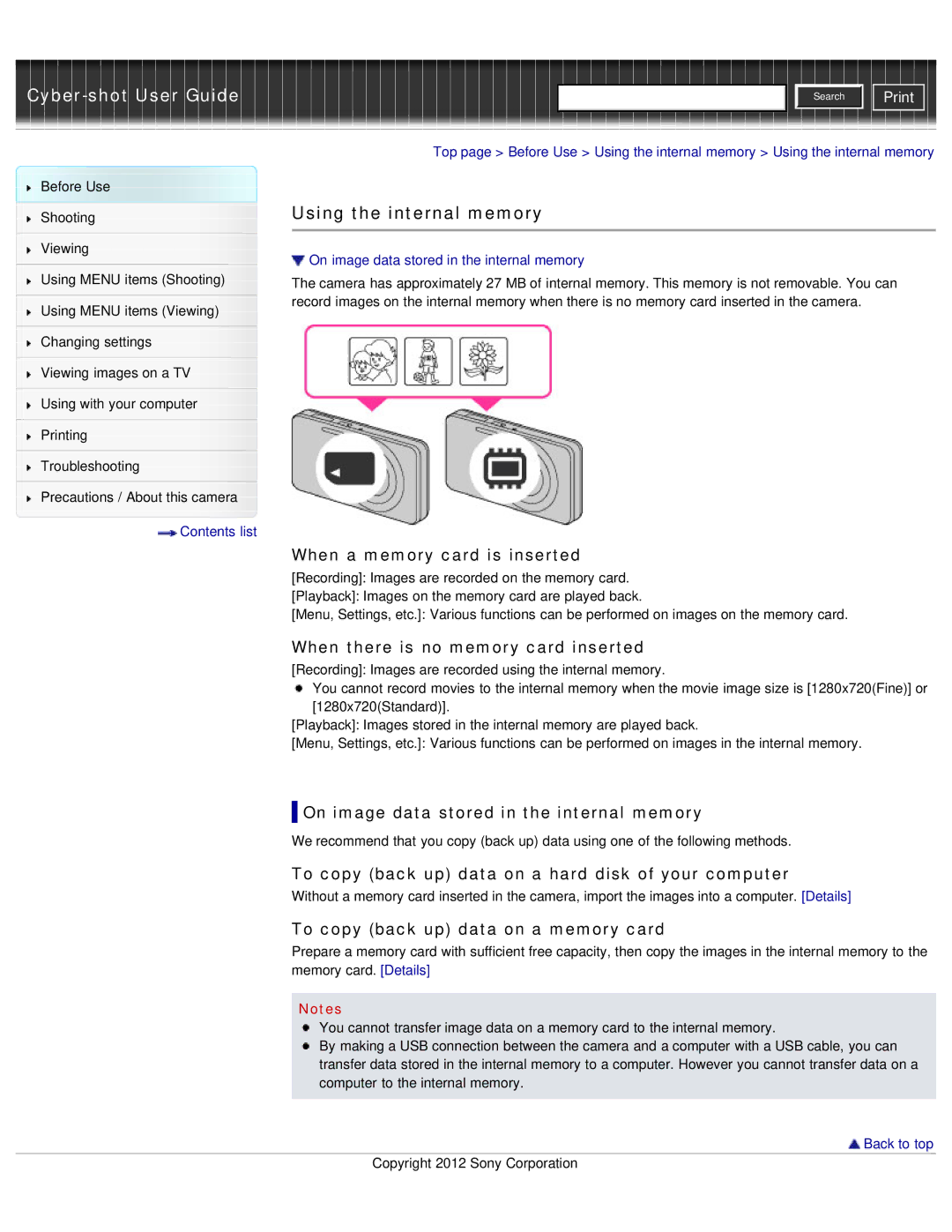 Sony DSC-W690/B manual Using the internal memory 