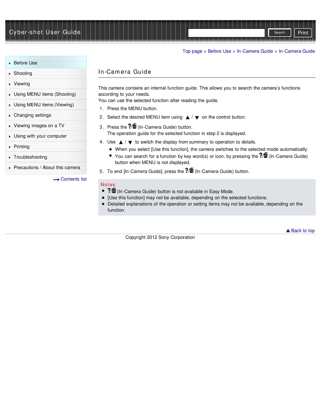 Sony DSC-W690/B manual In-Camera Guide 