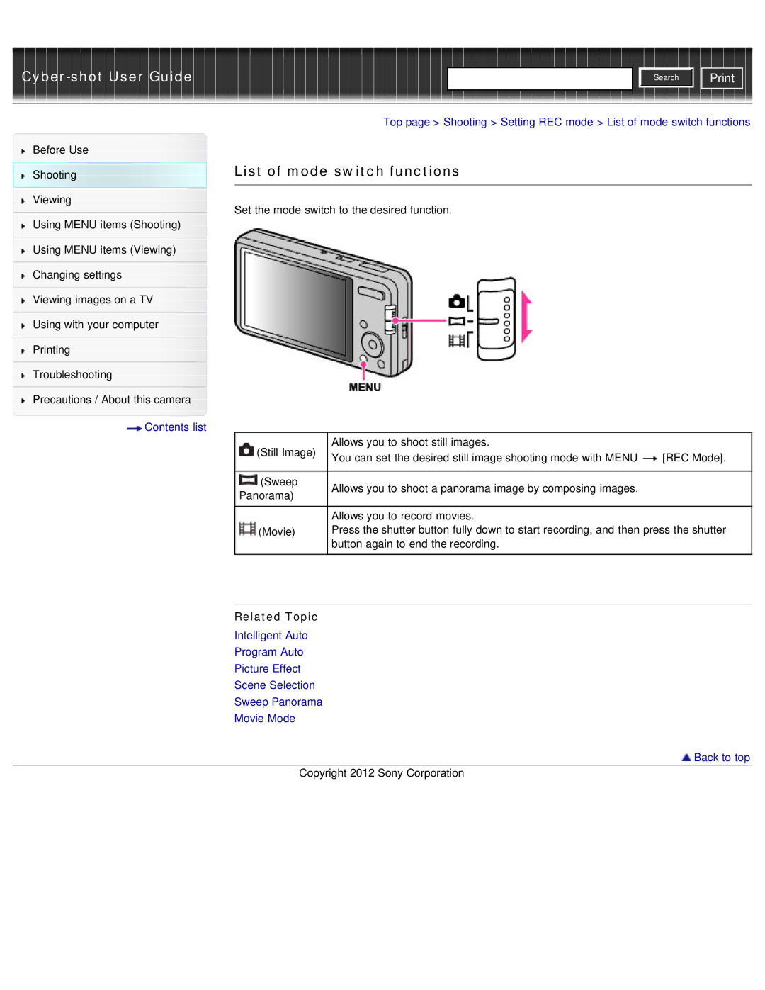 Sony DSC-W690/B manual List of mode switch functions 