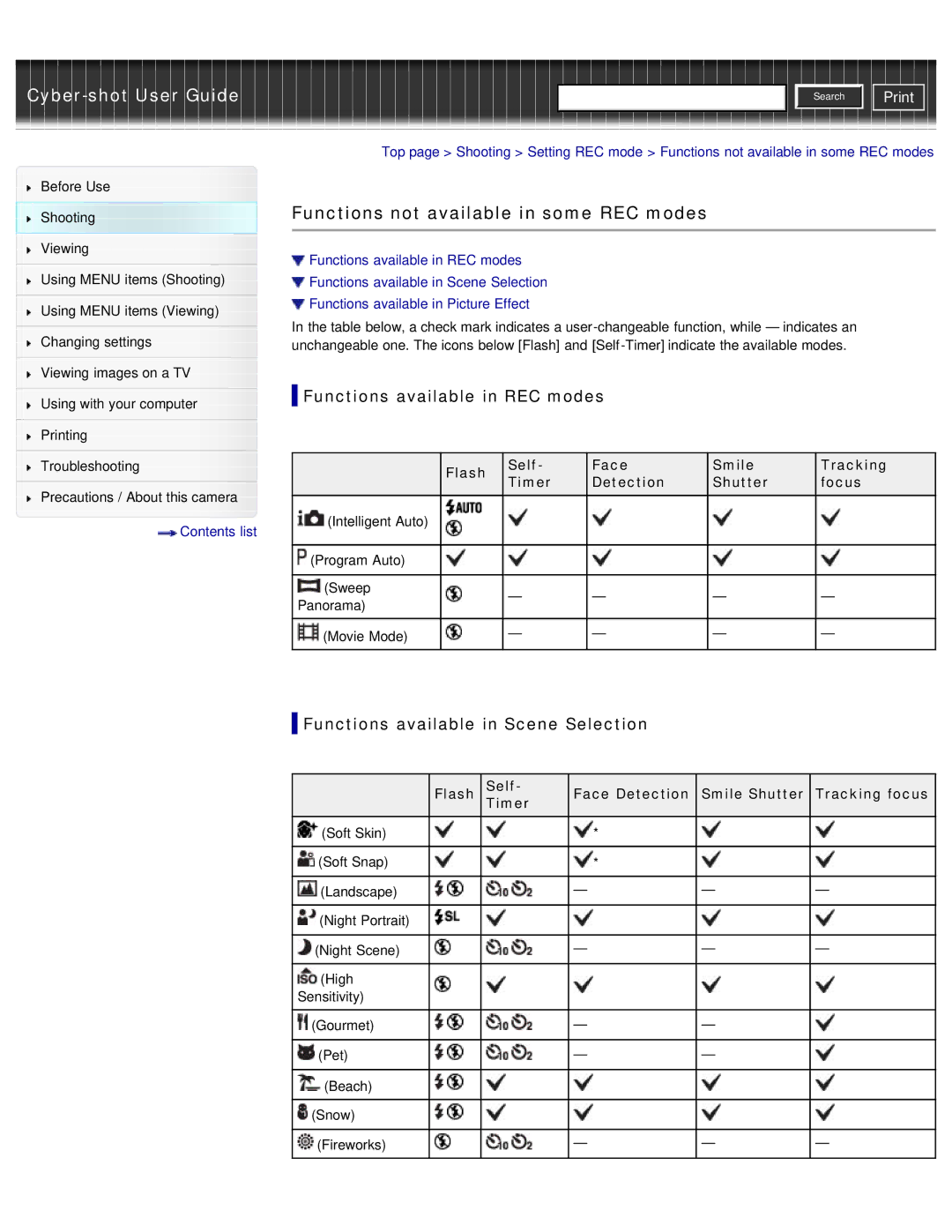 Sony DSC-W690/B manual Functions not available in some REC modes, Functions available in REC modes 