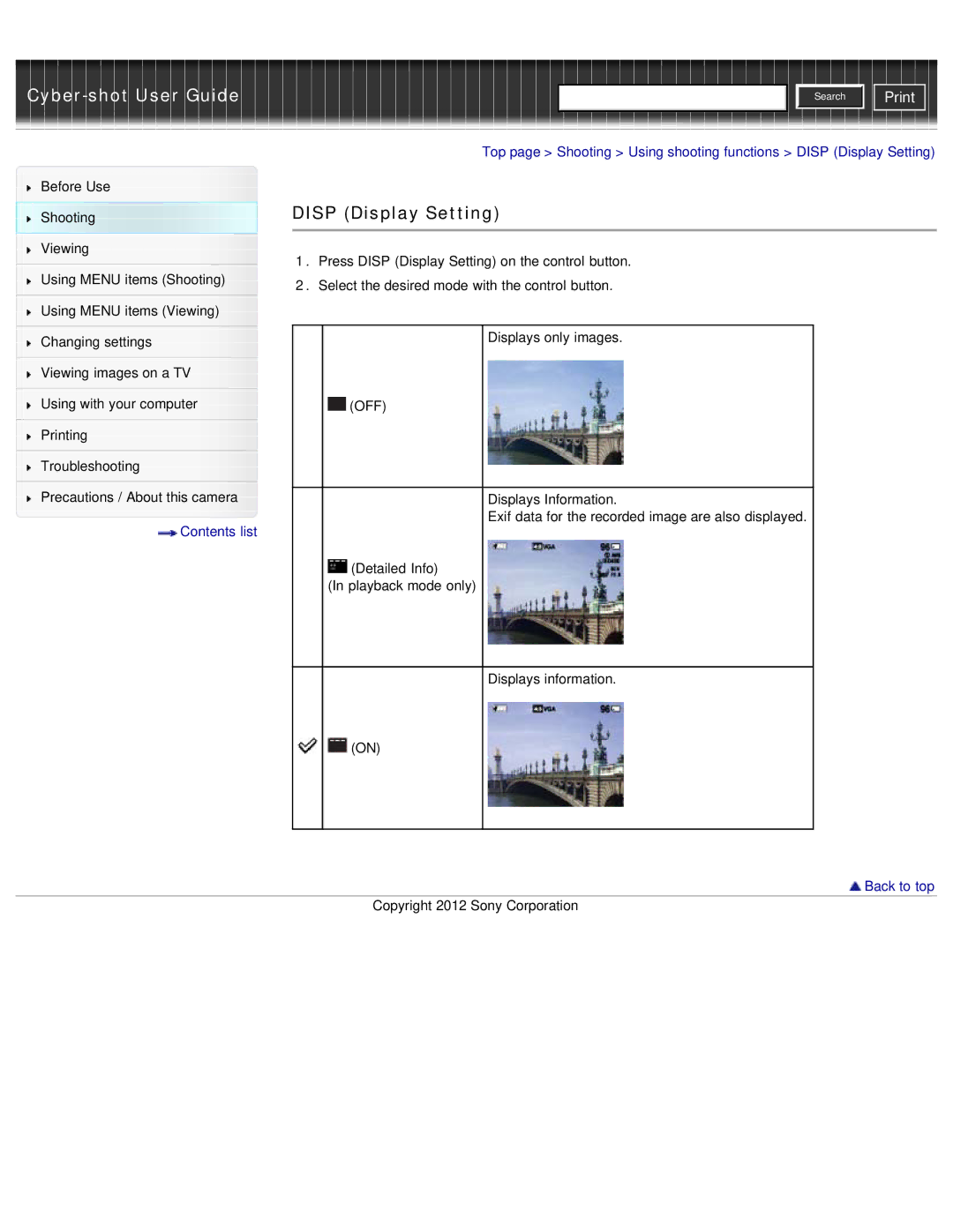 Sony DSC-W690/B manual Disp Display Setting 