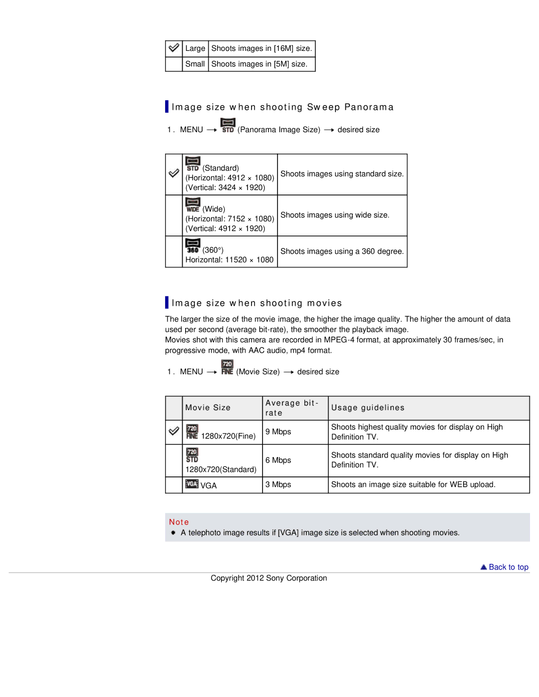 Sony DSC-W690/B manual Image size when shooting Sweep Panorama, Image size when shooting movies 