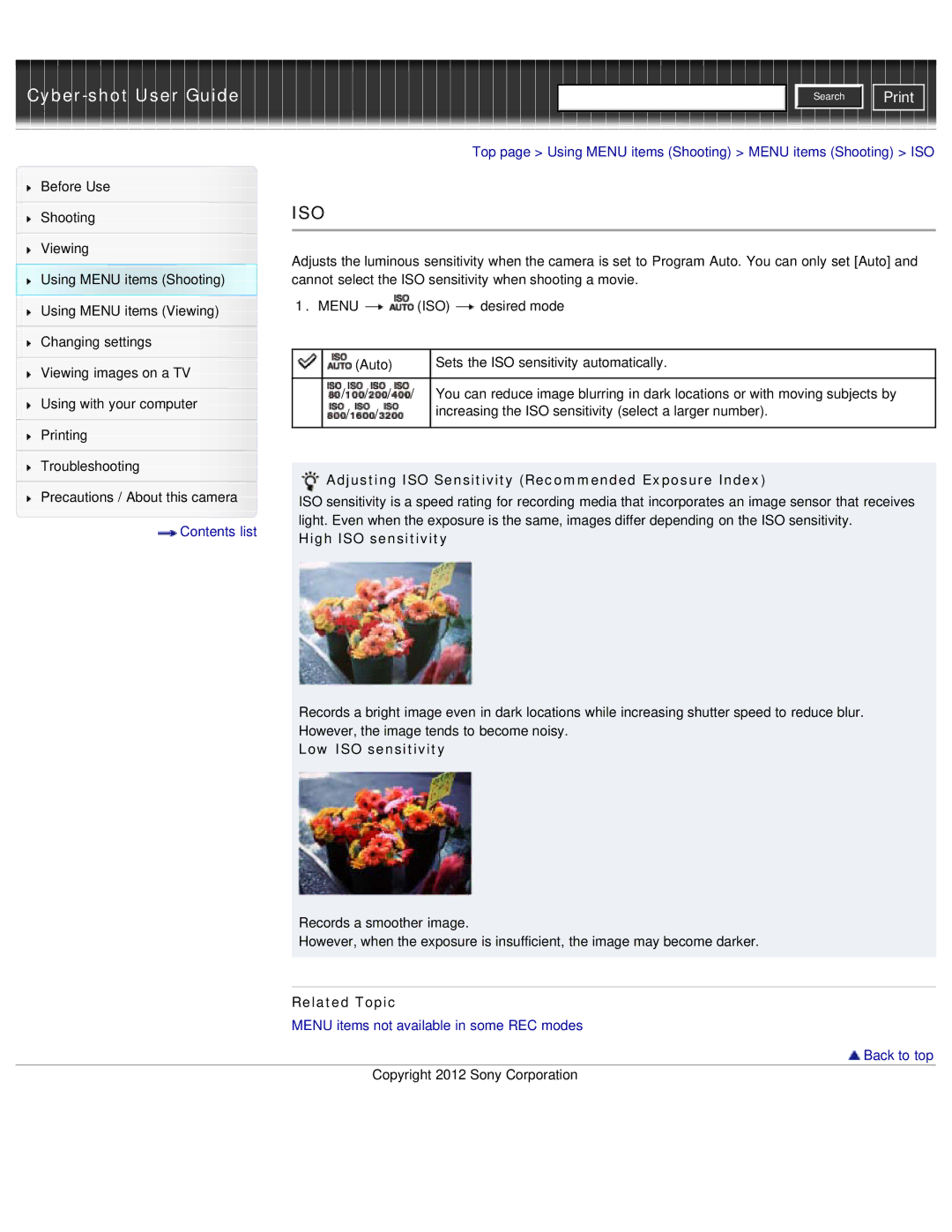 Sony DSC-W690/B manual Adjusting ISO Sensitivity Recommended Exposure Index, High ISO sensitivity, Low ISO sensitivity 