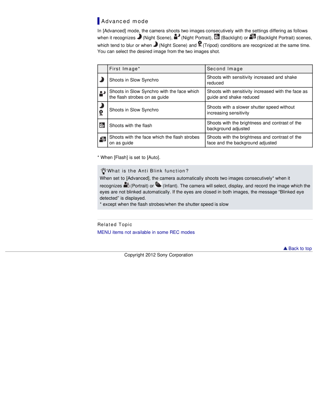 Sony DSC-W690/B manual Advanced mode, First Image Second Image, What is the Anti Blink function? 