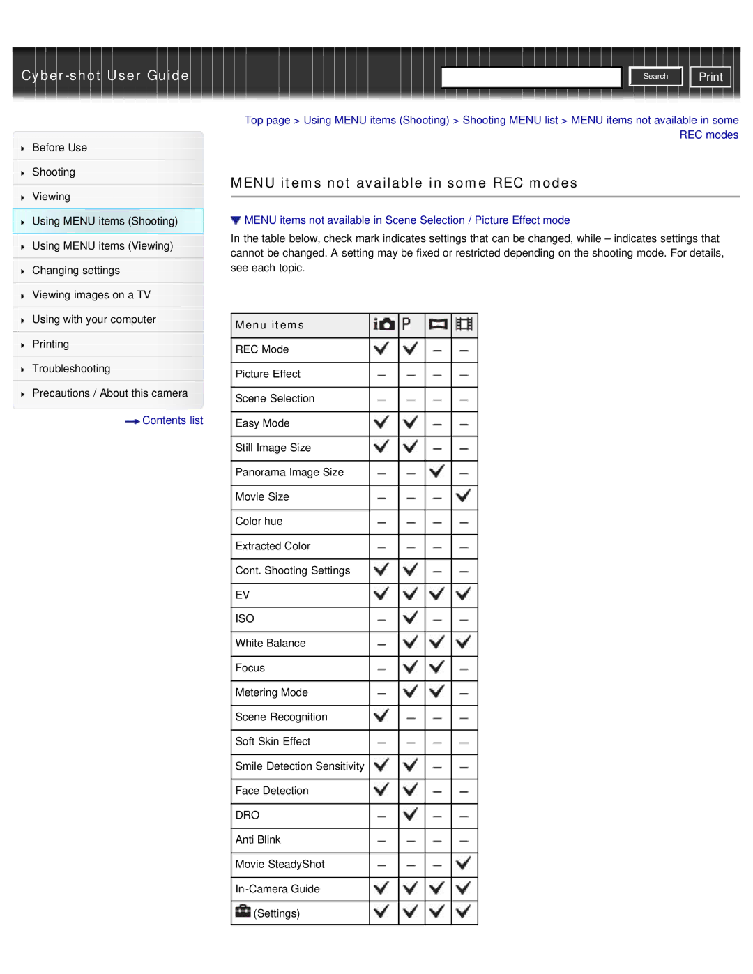 Sony DSC-W690/B manual Menu items not available in some REC modes 