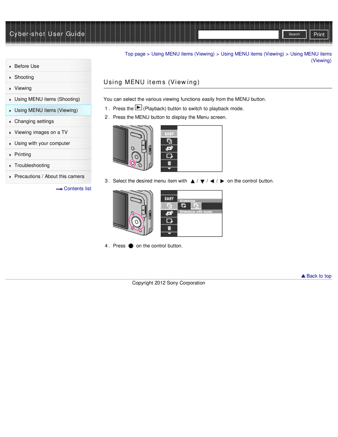 Sony DSC-W690/B manual Using Menu items Viewing 