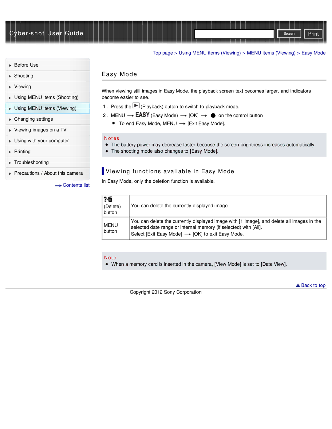 Sony DSC-W690/B manual Viewing functions available in Easy Mode 