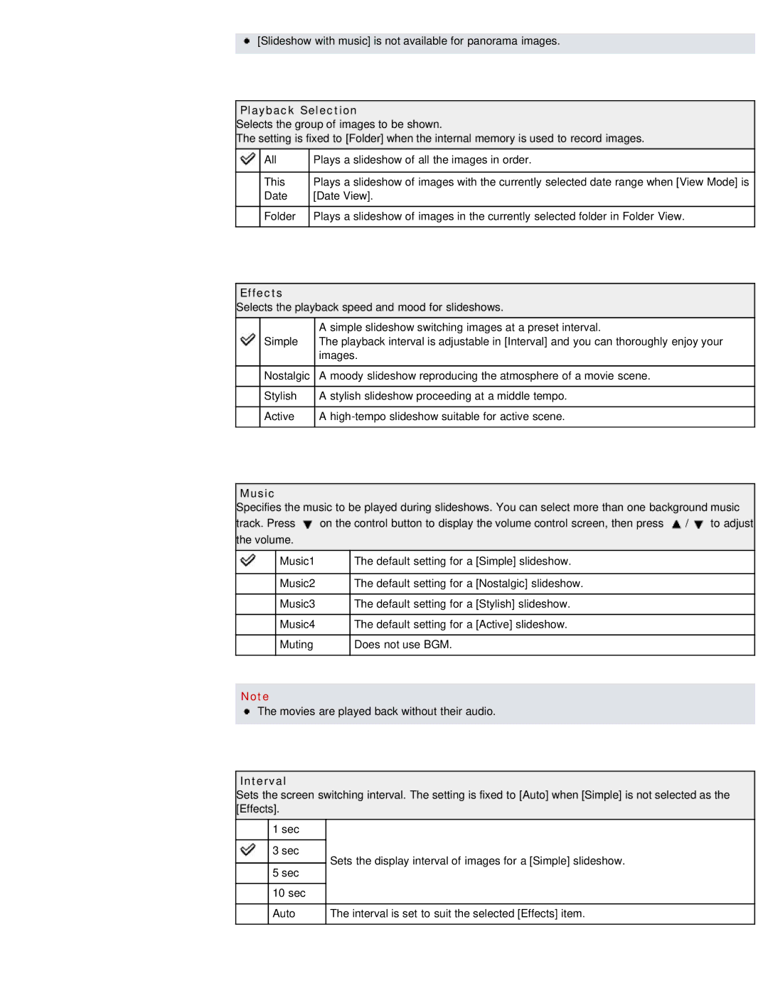 Sony DSC-W690/B manual Playback Selection, Effects, Music, Interval 