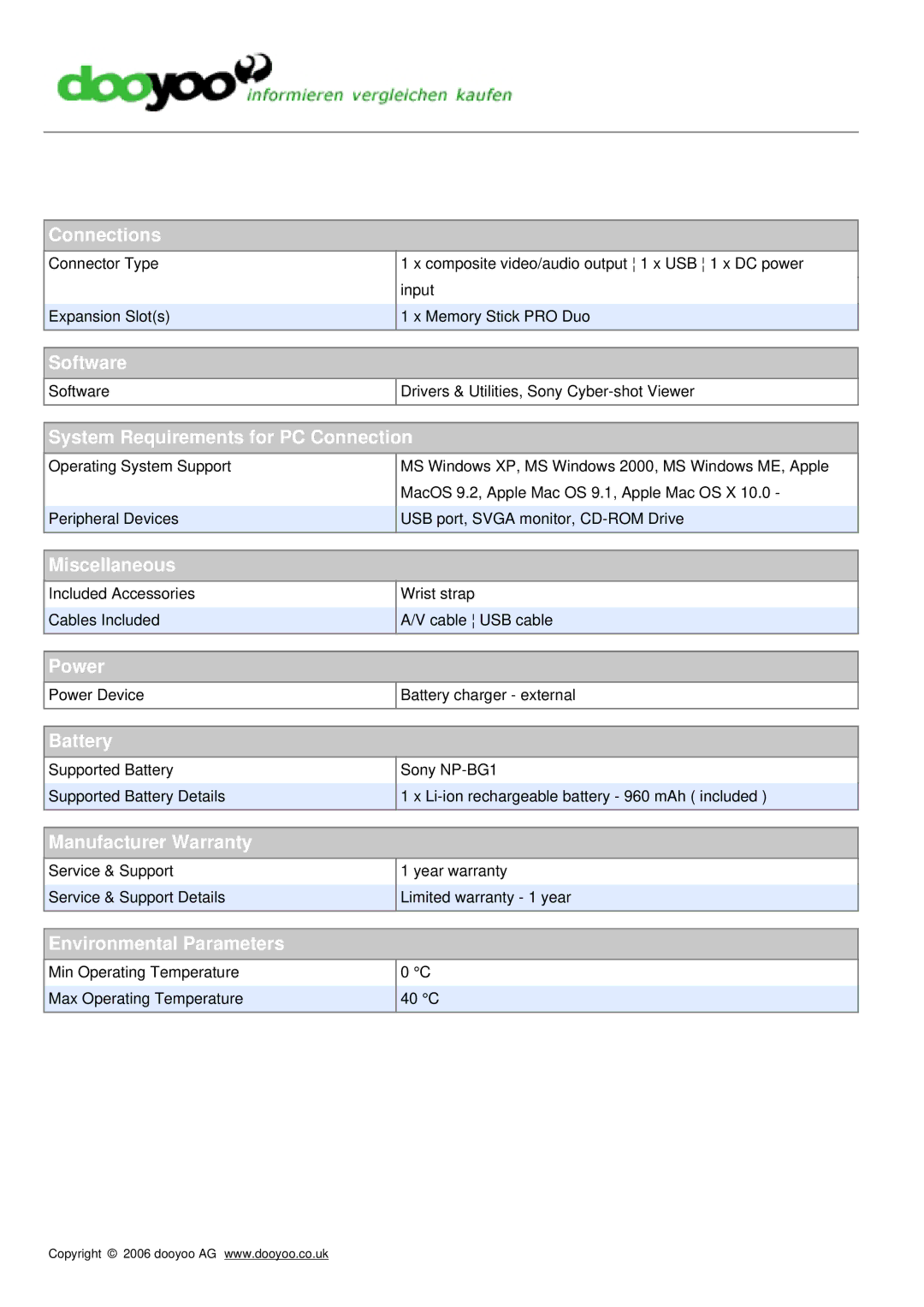 Sony DSC-W70S manual Connections, Software, System Requirements for PC Connection, Miscellaneous, Power, Battery 