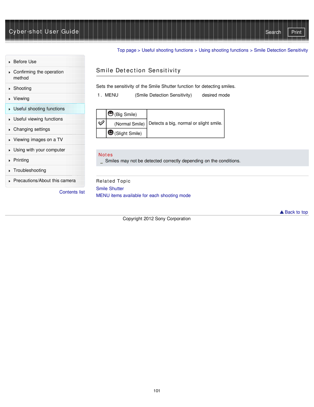 Sony DSC-W710/B, DSCW710/B, DSCW730/L, DSCW710/P, DSCW730/P manual Smile Detection Sensitivity 