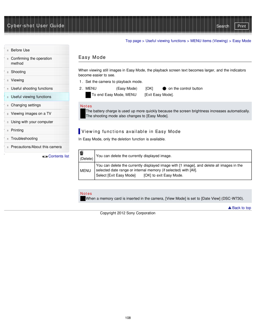 Sony DSC-W710/B, DSCW710/B, DSCW730/L, DSCW710/P, DSCW730/P manual Viewing functions available in Easy Mode 