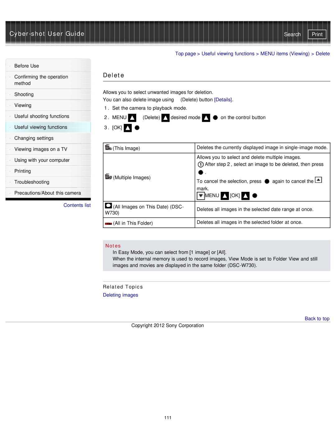 Sony DSCW710/P, DSC-W710/B, DSCW710/B, DSCW730/L Top page Useful viewing functions Menu items Viewing Delete, Related Topics 