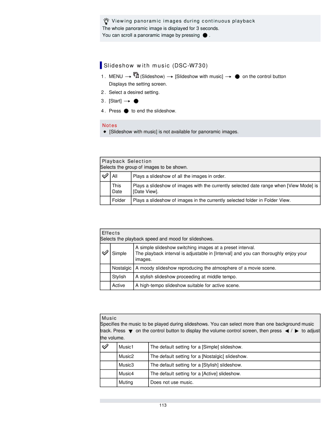 Sony DSCW730 manual Slideshow with music DSC-W730, Viewing panoramic images during continuous playback, Playback Selection 