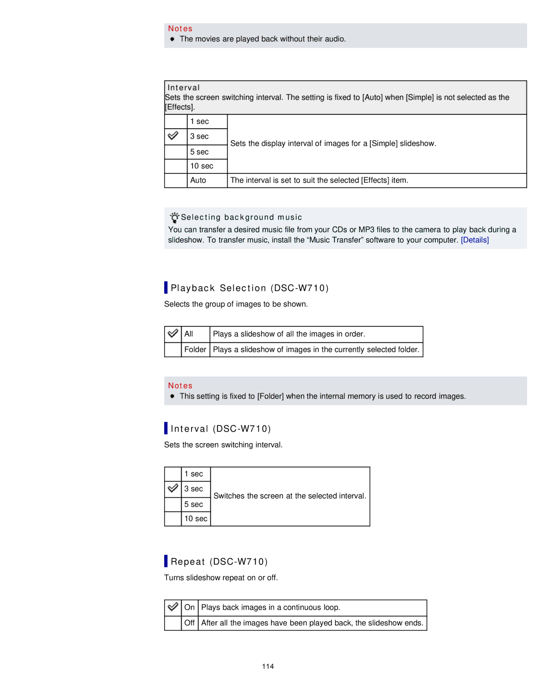 Sony DSC-W710/B, DSCW710/B Playback Selection DSC-W710, Interval DSC-W710, Repeat DSC-W710, Selecting background music 
