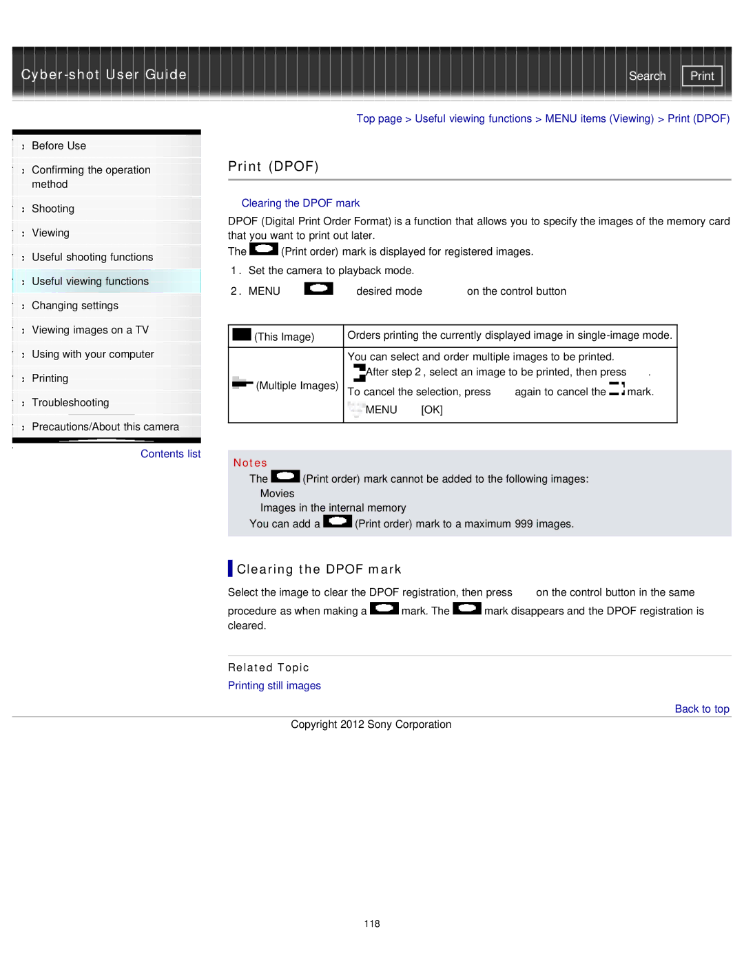 Sony DSCW730/P, DSC-W710/B, DSCW710/B, DSCW730/L, DSCW710/P manual Print Dpof, Clearing the Dpof mark 