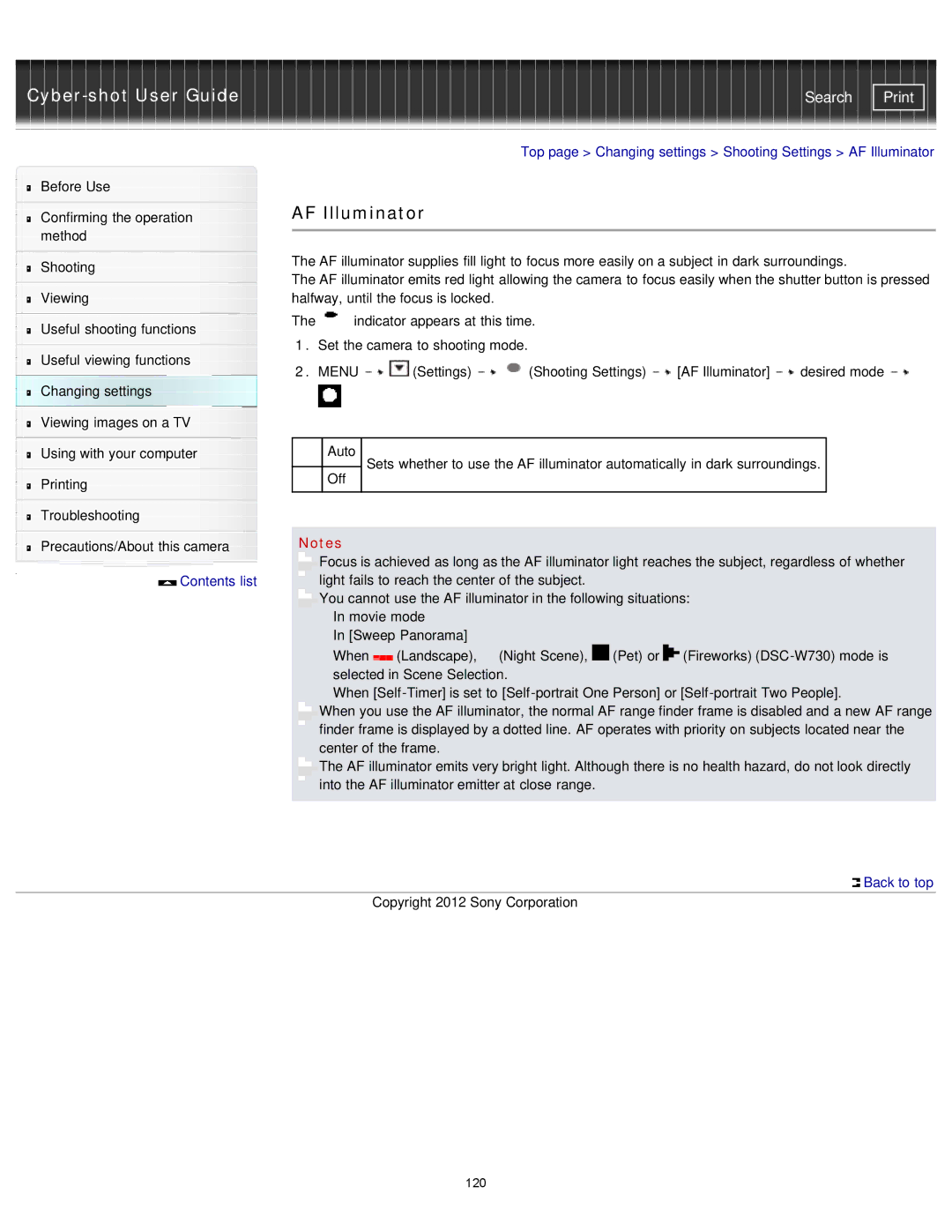 Sony DSC-W710/B, DSCW710/B, DSCW730/L, DSCW710/P, DSCW730/P manual AF Illuminator 