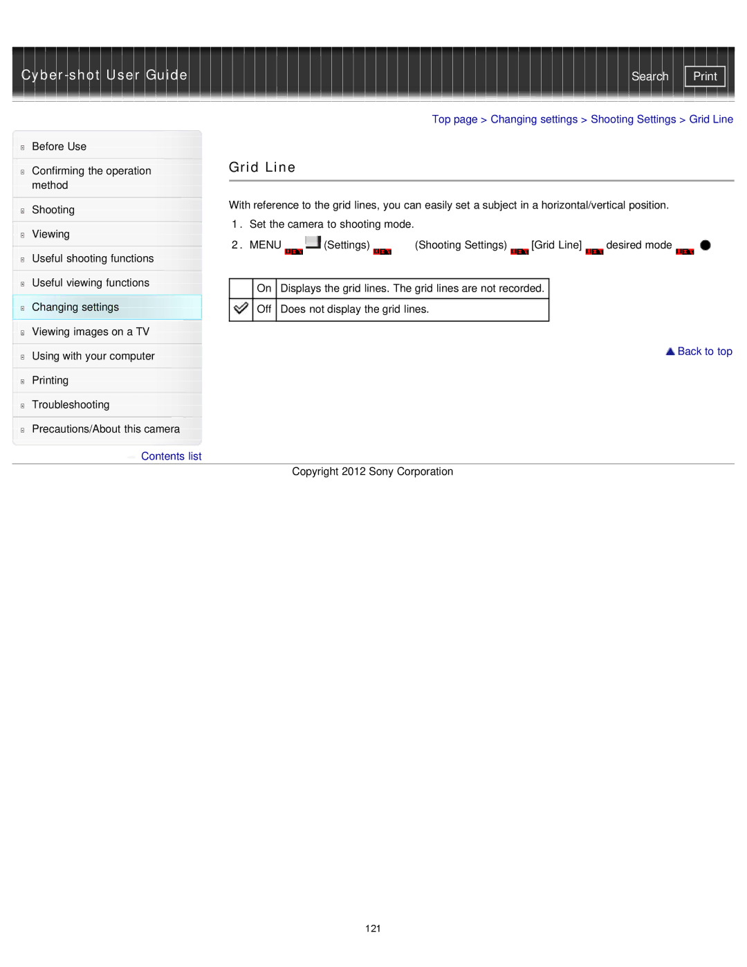 Sony DSCW710/B, DSC-W710/B, DSCW730/L, DSCW710/P, DSCW730/P manual Top page Changing settings Shooting Settings Grid Line 