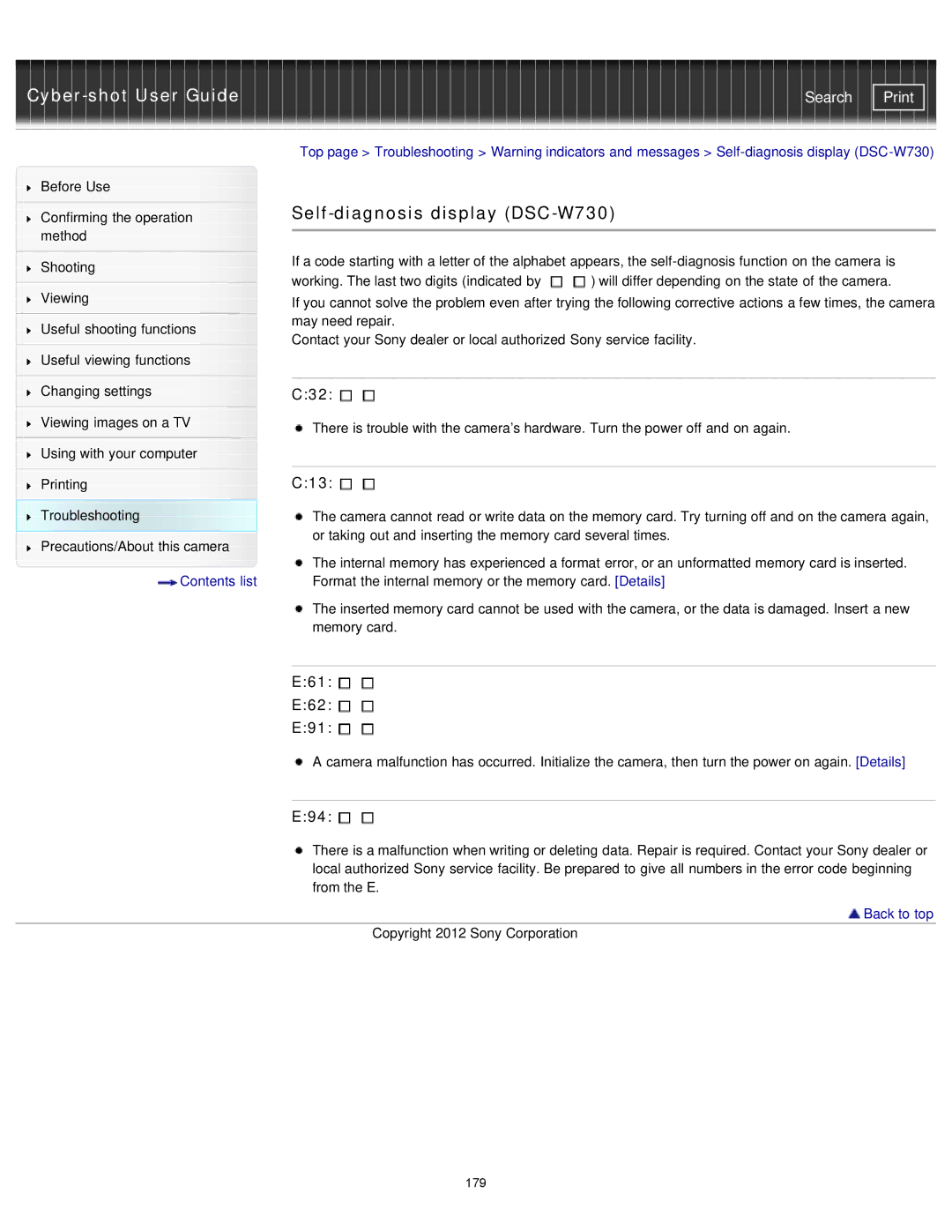 Sony DSC-W710/B, DSCW710/B, DSCW730/L, DSCW710/P, DSCW730/P Self-diagnosis display DSC-W730, C32, C13, E61 E62 E91, E94 